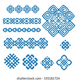 ethnic geometric signs and borders set. collections of blue and white geometric designs. vector illustration. 