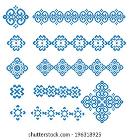 ethnic geometric signs and borders set. collections of blue and white geometric designs. vector illustration. 