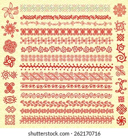 Ethnic geometric signs and borders set. Set of Slavic pagan symbols for your design. Vector illustration