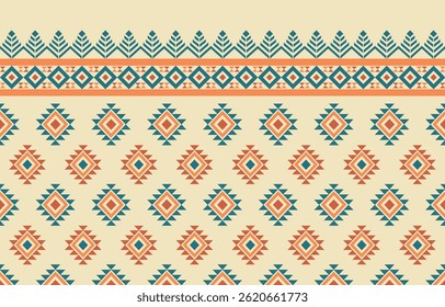 Ethnic Geometric Southwestern Pattern
Repeating geometric pattern with a retro Southwestern or Native American-inspired aesthetic. Features diamonds and triangles in warm orange, teal, and beige tones