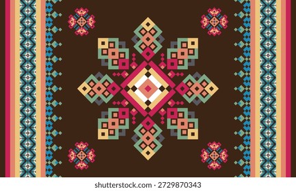 Patrón textil geométrico étnico con Formas simétricas y bordes decorativos sobre un fondo marrón oscuro, inspirado en el diseño de tela artesanal tradicional.