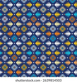 Ethnic geometric wallpaper design. Seamless geometry pattern with aztec ornament. Ornamental tribal blue background. EPS 10 vector illustration.