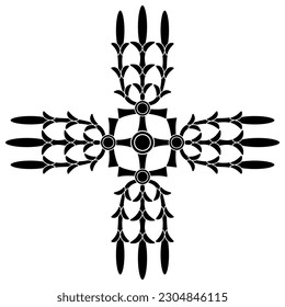 Ethnic geometrical cross shape square ornament with ancient Egyptian motifs. Jewelry design. Black and white negative silhouette.