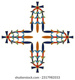 Ethnic geometrical cross shape square ornament with ancient Egyptian motifs. Jewelry design. Isolated vector illustration.