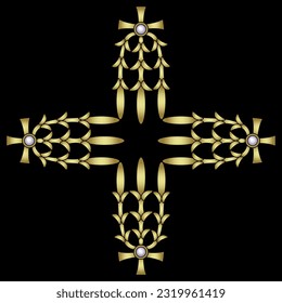 La cruz geométrica étnica forma cuadrado adorno con antiguos motivos egipcios. Silueta dorada y brillante con perlas blancas sobre fondo negro. Diseño de joyas.