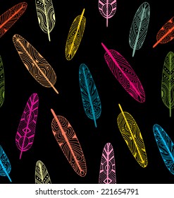 Ethnic Geometrical Feather seamless background. Hand drawn illustration.