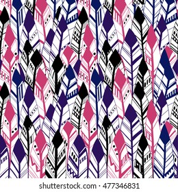 Ethnic Geometrical Feather seamless background. Hand drawn illustration. Vector