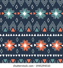 Patrón geométrico étnico sin costuras. Estrellas navideñas dibujadas a mano en el oscuro fondo gris. El vector repite el patrón abstracto para el diseño de tejido.