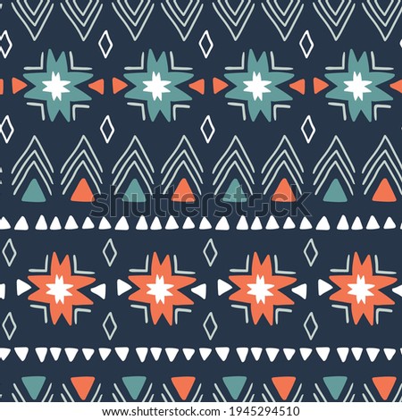 Ethnic geometrical seamless pattern. Hand-drawn Christmas stars on the dark grey background. Vector repeat abstract pattern for fabric design.