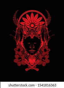 ethnic girl tribe in red scheme color with sacred geometry as background