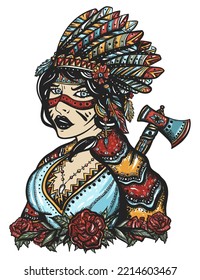 Ethnic girl warrior. Tribal native indian woman. Old school tattoo vector art. Hand drawn graphic. Isolated on white. Traditional flash tattooing style