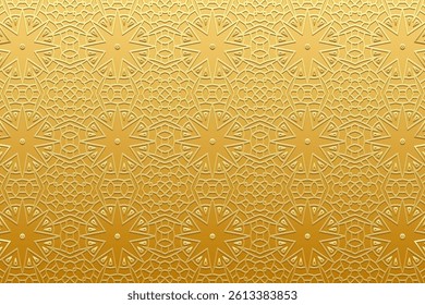 Ethnic gold background, cover design, banner for design. Geometric embossed gold 3D pattern, art deco. Relief ornaments, arabesques, mandala. Motives of the East, Asia, India, Mexico, Aztec, Peru.
