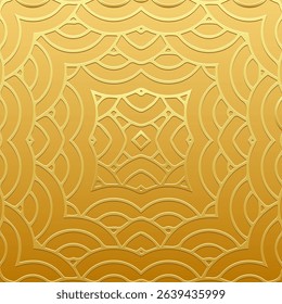 Ethnic gold background, cover design, banner, wallpaper. Geometric gold 3D pattern, art deco. Abstraction. Relief ornaments, arabesques, mandala, fresco of the East, Asia, India, Mexico, Aztec, Peru.