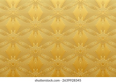 Ethnic gold background, cover design, banner, handmade wallpaper, boho. Geometric gold 3D pattern, embossing. Original ornaments, arabesques, mandala of the East, Asia, India, Mexico, Aztec, Peru.