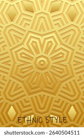 Ethnic gold background, cover design, banner, tribal wallpaper. Geometric elegant gold 3D pattern, embossing. Relief ornaments, arabesques, mandala, fresco of the East, Asia, India, Mexico, Aztec