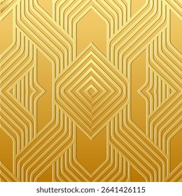 Ethnic gold background, cover design, banner, ornamental wallpaper. Geometric gold 3D pattern, embossing. Relief ornaments, arabesques, mandala, fresco of the East, Asia, India, Mexico, Aztec, Peru. 