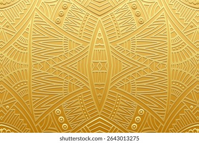 Ethnic gold background, cover design, banner, wallpaper. Geometric creative gold 3D pattern, embossing. Exotic ornaments, arabesques, mandala, fresco of the East, Asia, India, Mexico, Aztec, Peru.