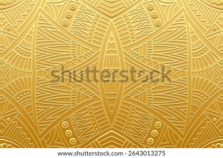 Ethnic gold background, cover design, banner, wallpaper. Geometric creative gold 3D pattern, embossing. Exotic ornaments, arabesques, mandala, fresco of the East, Asia, India, Mexico, Aztec, Peru.