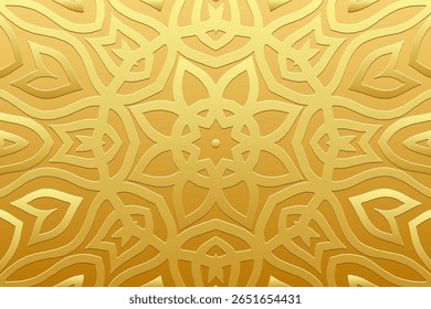 Ethnic gold background, tribal design cover, banner, wallpaper. Geometric gold boho pattern, embossing, 3D. Ornaments, arabesques, mandala, fresco of the East, Asia, India, Mexico, Aztec, Peru.