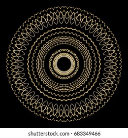 Ethnic gold color Mandala. black background. Decorative pattern. Vector illustration.