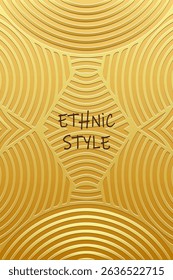 Ethnic gold lorem background, cover design, banner, wallpaper. Geometric gold artistic 3d pattern with lines, art deco. Embossed ornaments, arabesques, mandala of the East, Asia, India, Mexico, Aztec,