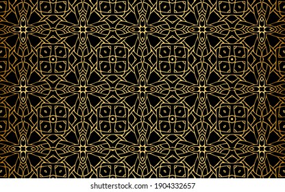 Ethnic gold pattern of geometric shapes on a black background. Abstract art texture for design and decoration.