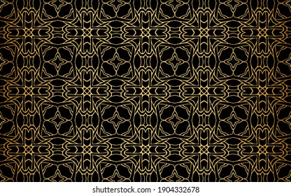 Ethnic gold pattern of geometric shapes and stylized flowers on a black background. Abstract texture for design and decoration.