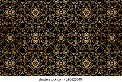 Ethnic gold pattern of geometric shapes and abstract flowers in oriental motives. Abstract texture on a black background.Vector graphics for design and decoration.