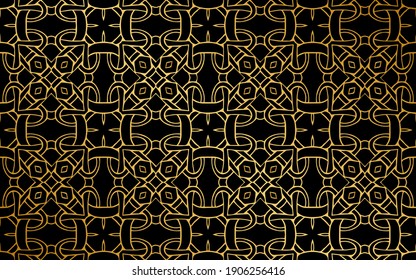 Ethnic gold pattern from geometric shapes. Abstract stylish texture on black background.Vector graphics for design and decoration.