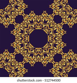 Ethnic gold and red ornament of mandalas. Template for carpet, textile, blanket, shawl. Vector oriental seamless pattern