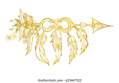 Ethnic Golden arrow with feathers in a native style. The apache tribal element, symbol, talisman. Design for tattoo. Mythology. Vector illustration.T-shirt printing, textiles, cover. Boho, Bohemian.