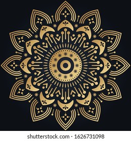 Ethnic golden flower ornamental mandala on black background. Vector folk lifestyle illustration.