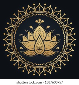 ethnic golden flower wreath with lotus on dark background. Vector folk and boho lifestyle illustration.
