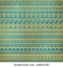 Ethnic golden pattern on teal grunge background