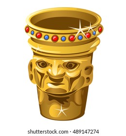 Jarrón de oro étnico con rostro humano aislado en un fondo blanco. Ilustración vectorial.
