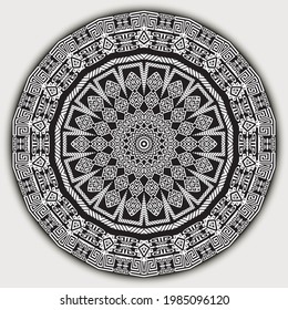 Patrón de vector de mandala de origen étnico griego. Fondo ornamental blanco y negro. Repetir el trasfondo tribal. Ornamento fractal geométrico moderno. Resumen de formas, círculos, marcos, bordes, clave griega, serpenteantes.