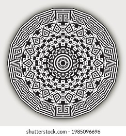 Ethnische Grieche mandala Vektormuster. Zierender schwarz-weißer Hintergrund. Stammeshintergrund. Geometrische moderne Fraktale-Ornamente. Abstrakte Formen, Kreise, Rahmen, Grenzen, griechische Schlüssel, Mäander.