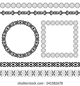 Ethnic greek traditional meander border set. Antique pack of the most popular round and square frames and dividers. Decoration element patterns in black and white colors. Vector illustration. 