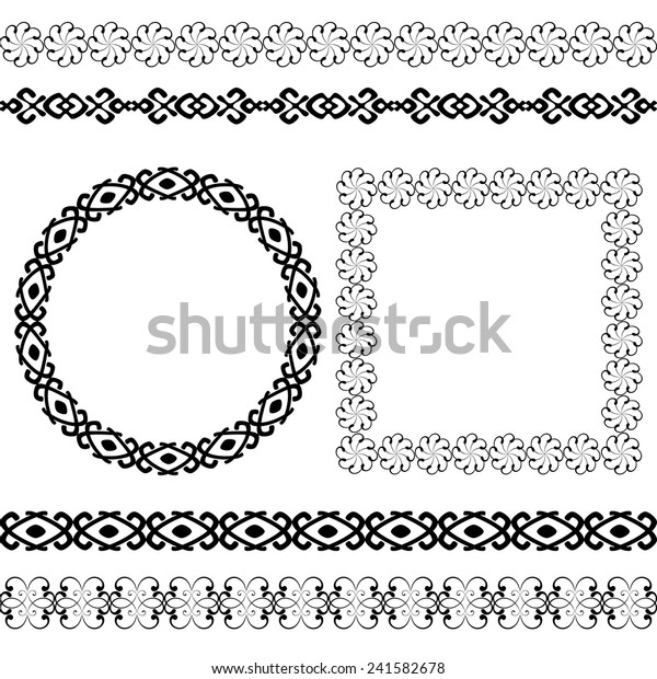 Ethnic greek traditional meander border set. Antique\
pack of the most popular round and square frames and dividers.\
Decoration element patterns in black and white colors. Vector\
illustration. 