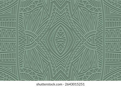 Ethnic green background, cover design, banner, wallpaper. Geometric artistic creative 3d pattern, embossing. Exotic ornaments, arabesques, mandala, fresco of the East, Asia, India, Mexico, Aztec, Peru