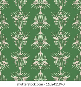 Ethnic green and beige boho simple geometric seamless vector pattern. Geometric shapes and dots aztec monochrome repeat background for print materials.