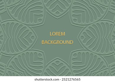 Ethnic green lorem background, tribal cover design, banner. Geometric textured floral 3D pattern, embossing, place for text. Ornaments, arabesques, mandala of the East, Asia, India, Mexico, Aztec