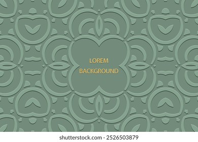 Fundo de lorem ipsum verde étnico, design de capa tribal, banner. Padrão 3d abstrato geométrico, em alto-relevo, colocar para texto. Ornamentos, arabescos, mandala do leste, Ásia, Índia, México, Asteca, Peru