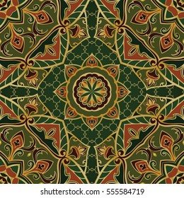 Ethnic green ornament of mandalas. Template for carpet, textile, shawl. Vector oriental seamless pattern.
