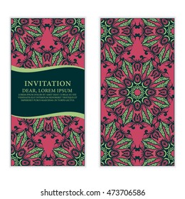 Ethnic greeting card, invitation or wedding with lace and floral ornaments. Vector design element.