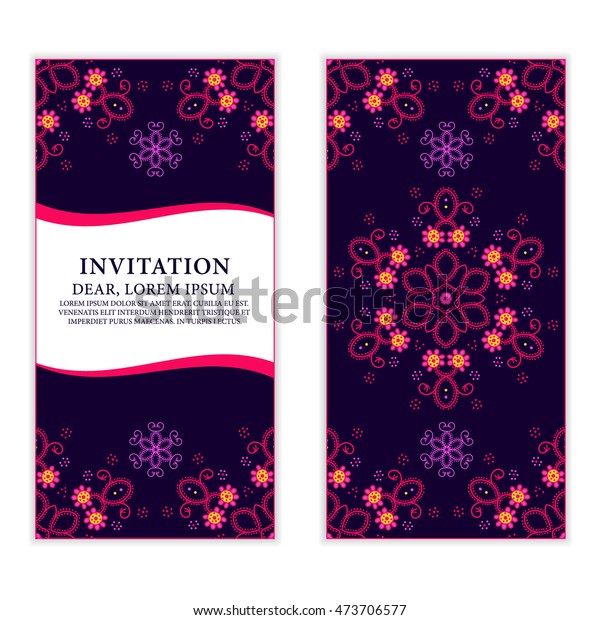 Ethnic greeting card,\
invitation or wedding with lace and floral ornaments. Vector design\
element.