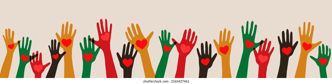 Ethnic group of black African and African American men and women raised arms with heart in hand. Juneteenth. Diverse people, racial equality. Support, assistance, charity donation and volunteer work.