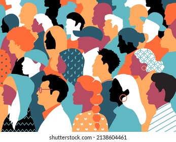 Ethnic Group Of People Profiles Illustration. Many Faces O People Of All Races, Divers People Profile View Of Men And Women, Many Races, Ages And Features. Variety Of Multi Ethnic Portraits.