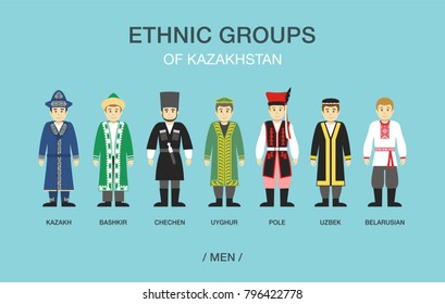 Ethnic groups of Kazakhstan. People in traditional costumes. Flat vector illustration template.