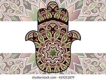 ethnic hamsa background. Card with a pattern in ethnic style - maroon-brown hamsa with mandala on background